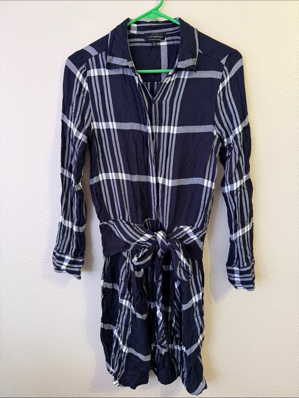 Lucky Brand Black and White Plaid Tie-Waist Shirt Dress